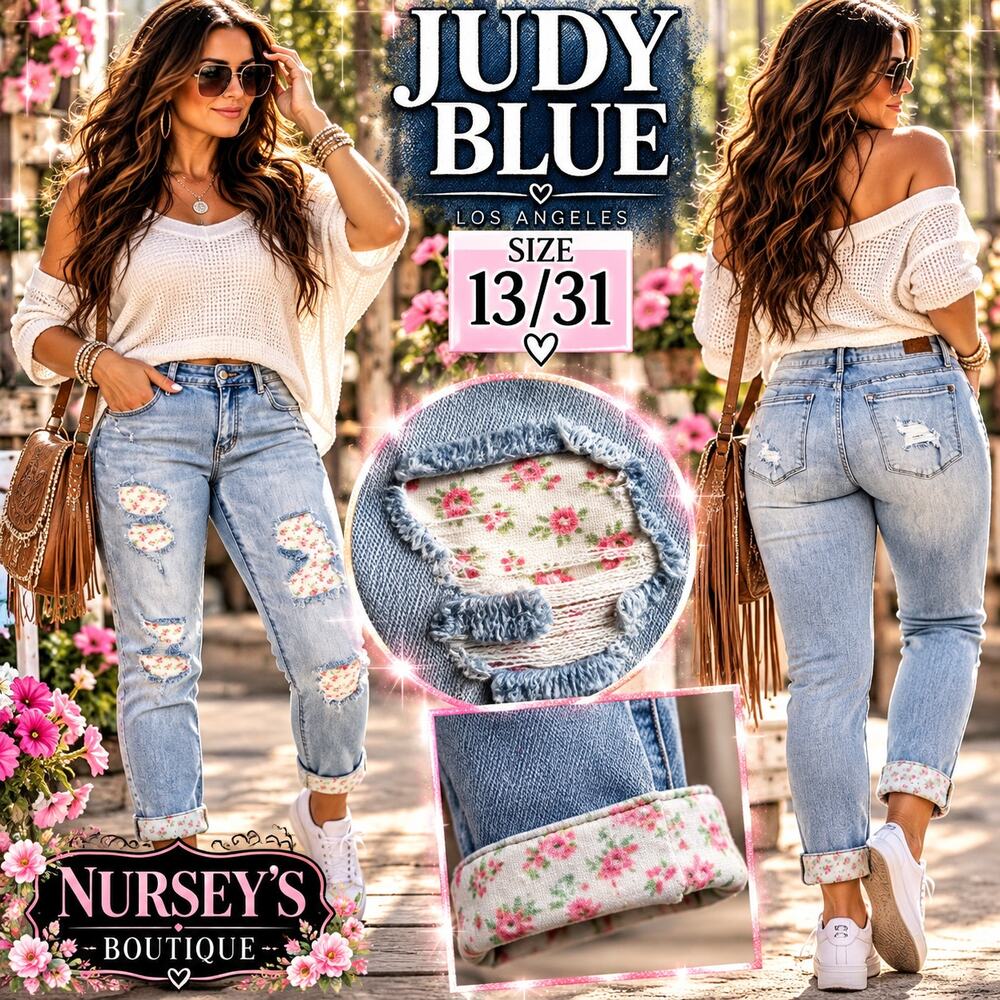Judy Blue JB8844 Skinny Jeans 13/31 Floral Patch Distressed Cuffed Light Wash